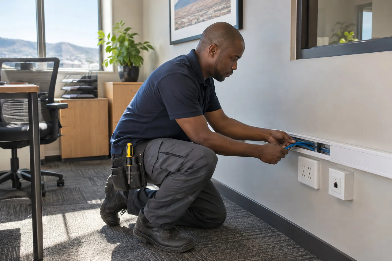 A technology service technician at work on site
