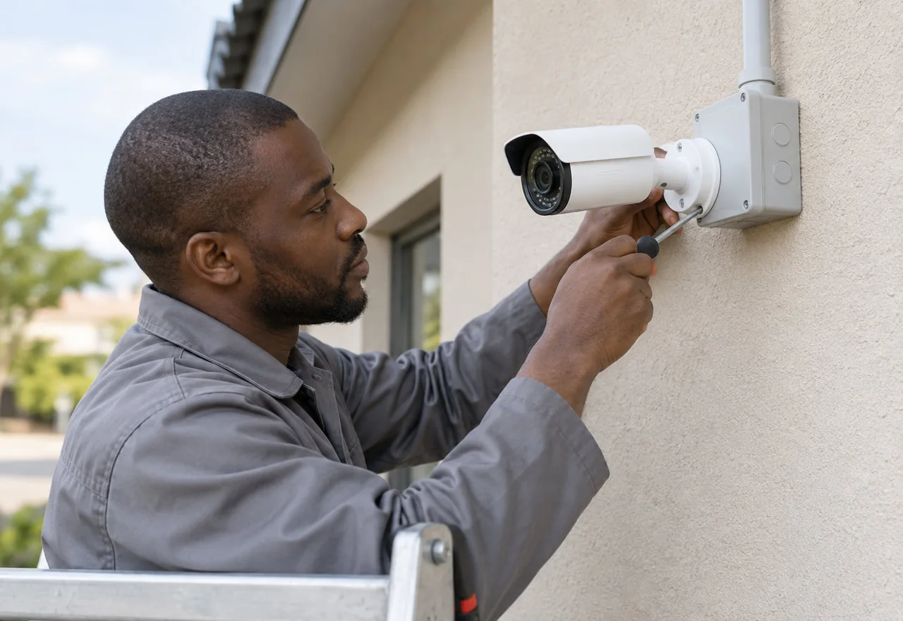 A technician installing a CCTV camera on a building