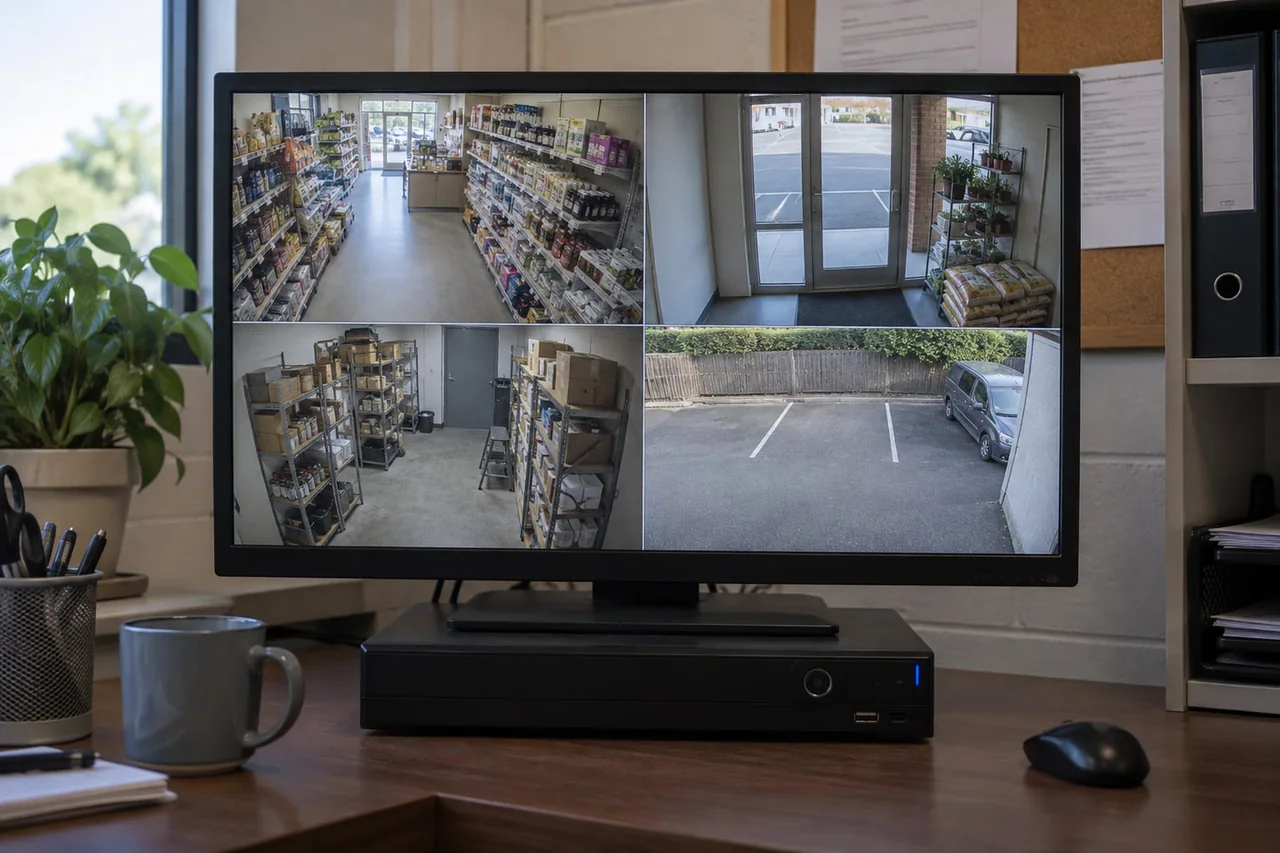 Security monitoring screens showing live camera feeds