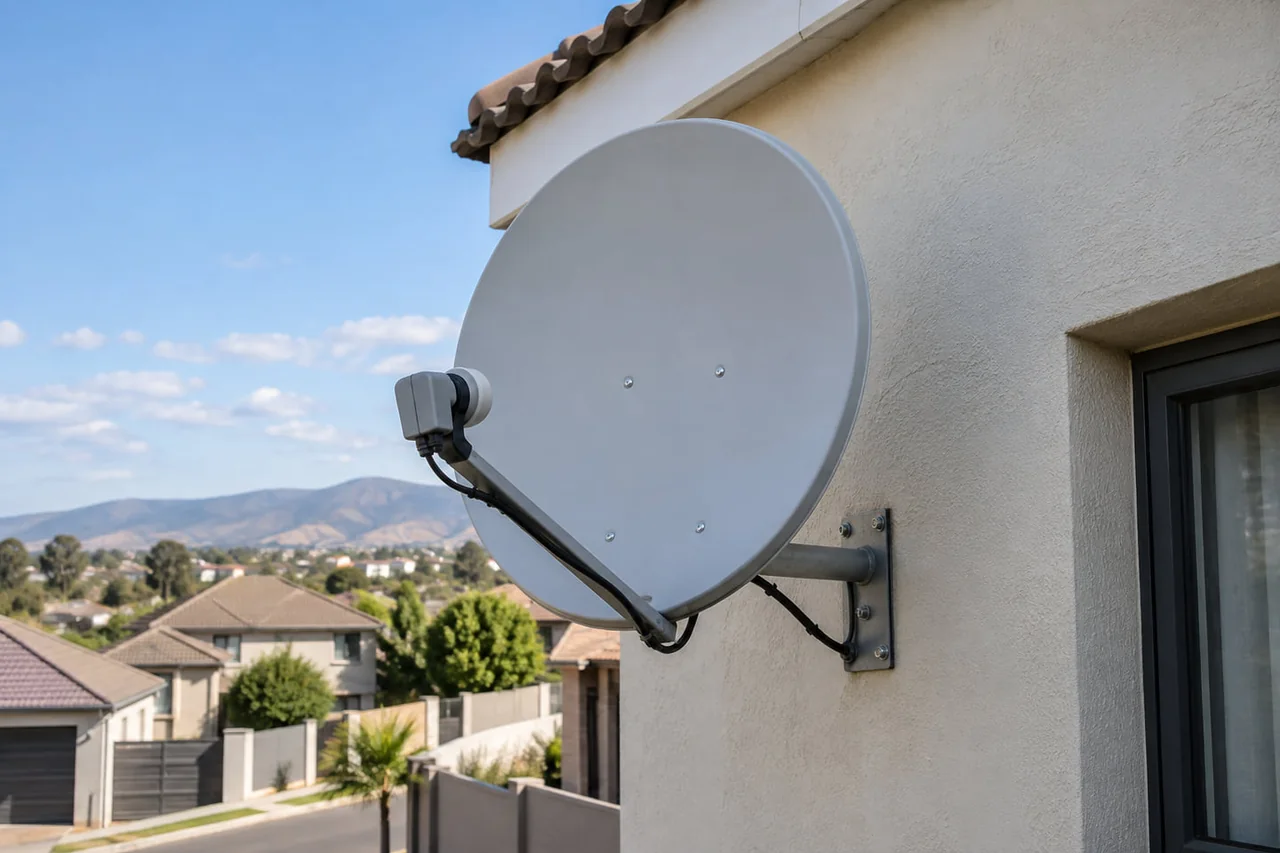 A satellite dish mounted on the side of a building