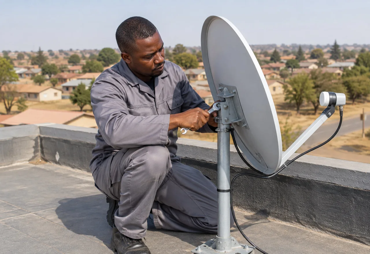 A technician installing and aligning a satellite dish