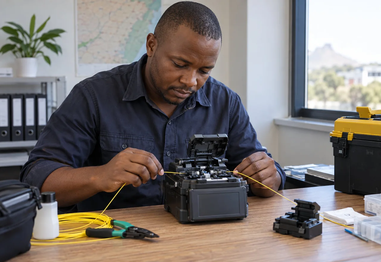 A technician working with fibre optic cabling and connectivity equipment