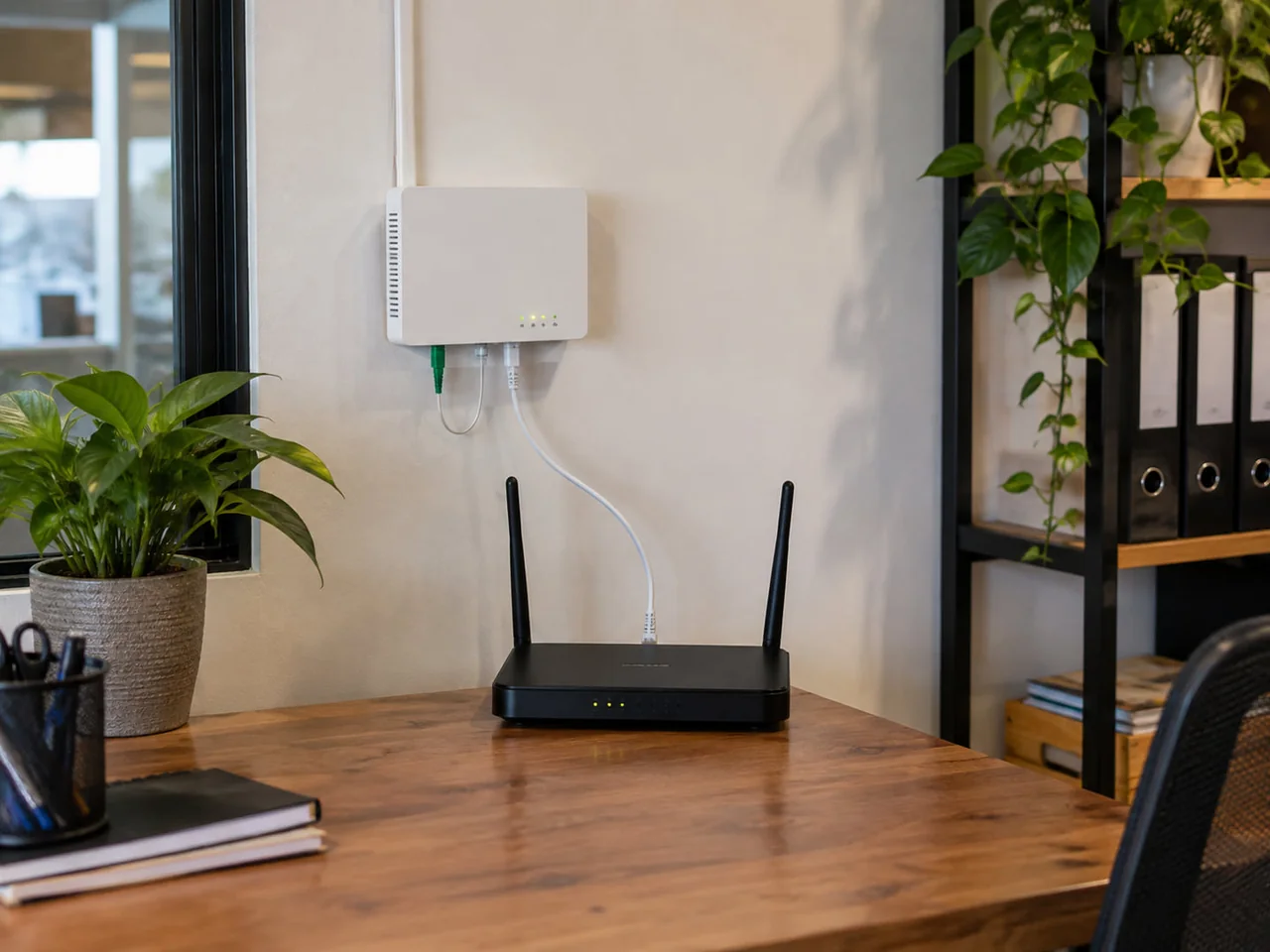A wireless router and fibre equipment installed at a business premises