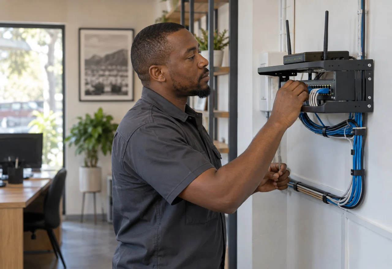A technician setting up network equipment at a small business