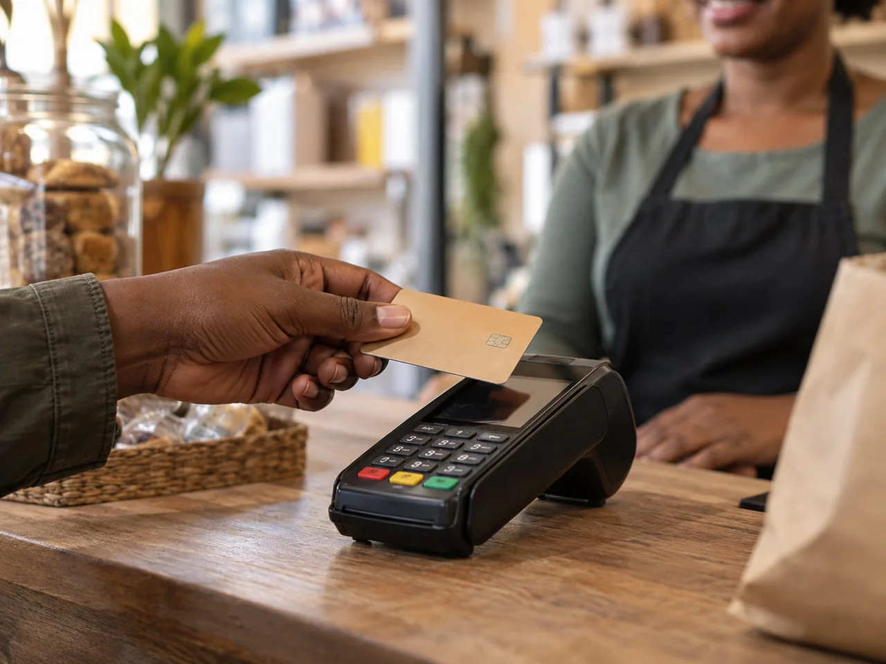 A customer paying at a card terminal on a retail counter