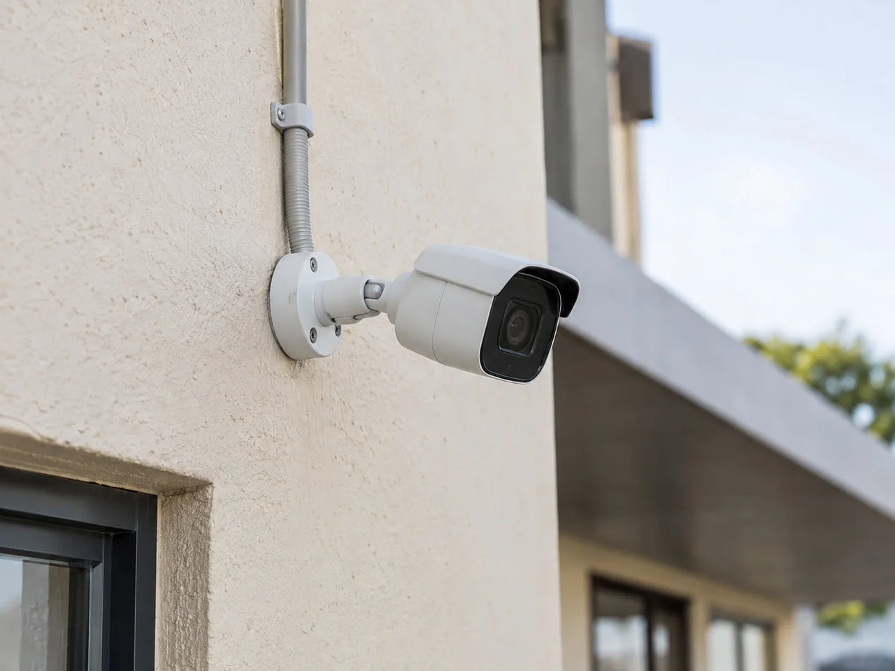 A CCTV camera mounted on the outside of a business building