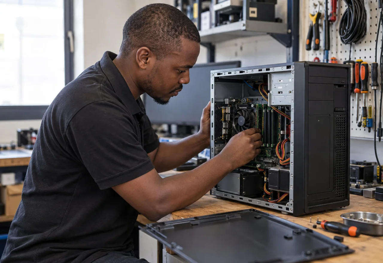 A technician working on a desktop computer