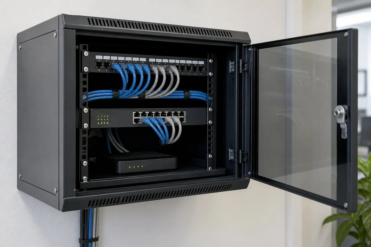 A network cabinet with switches and patch cabling in an office