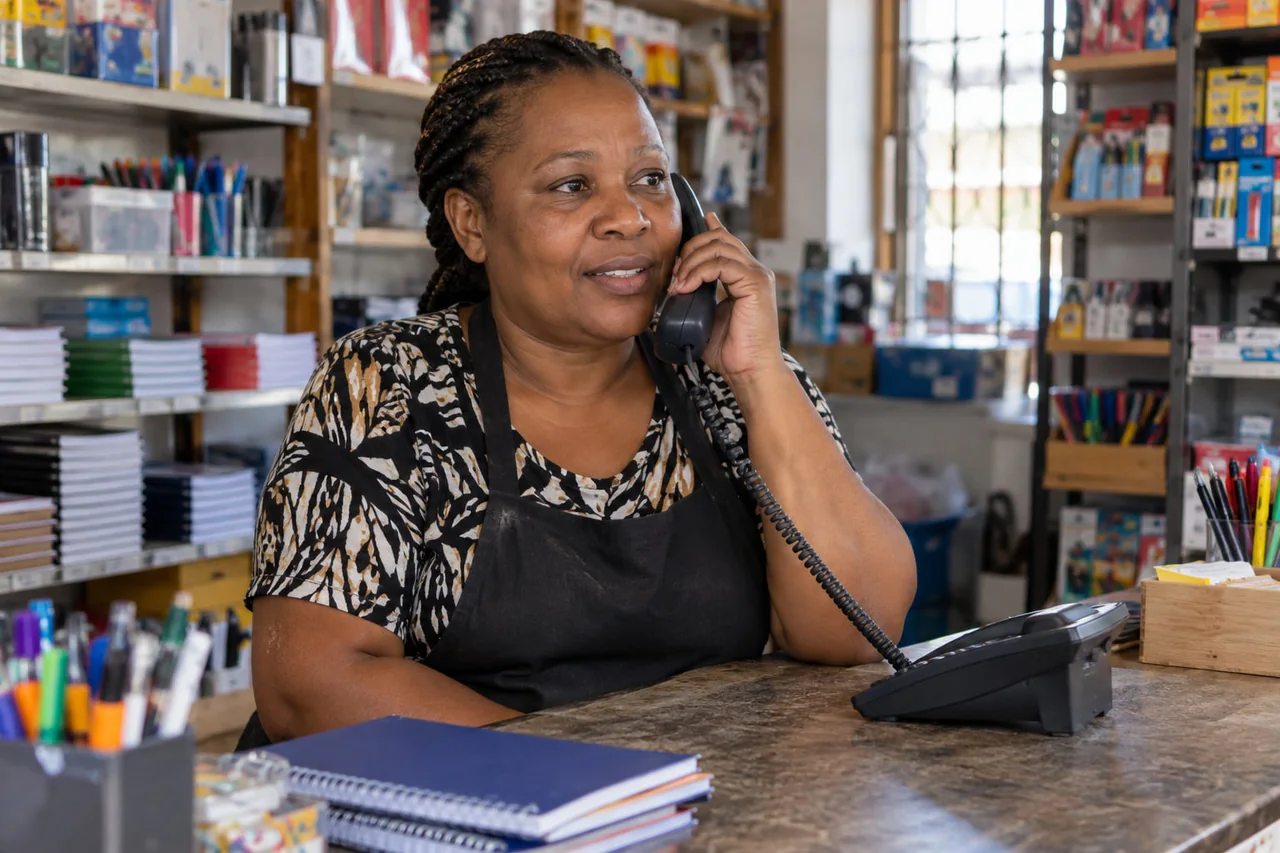 A small business owner taking a call on a landline at their counter