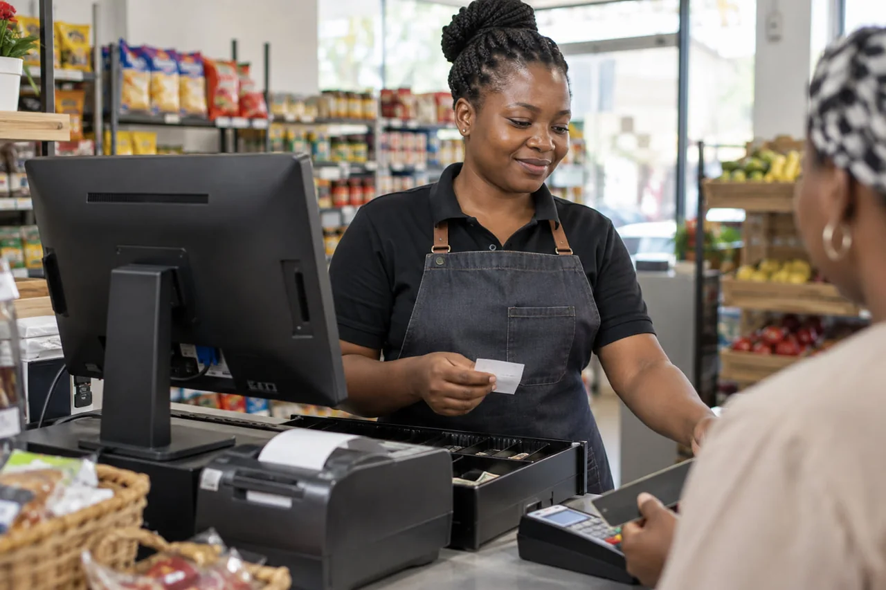 A retail payment counter with a cashier processing a payment