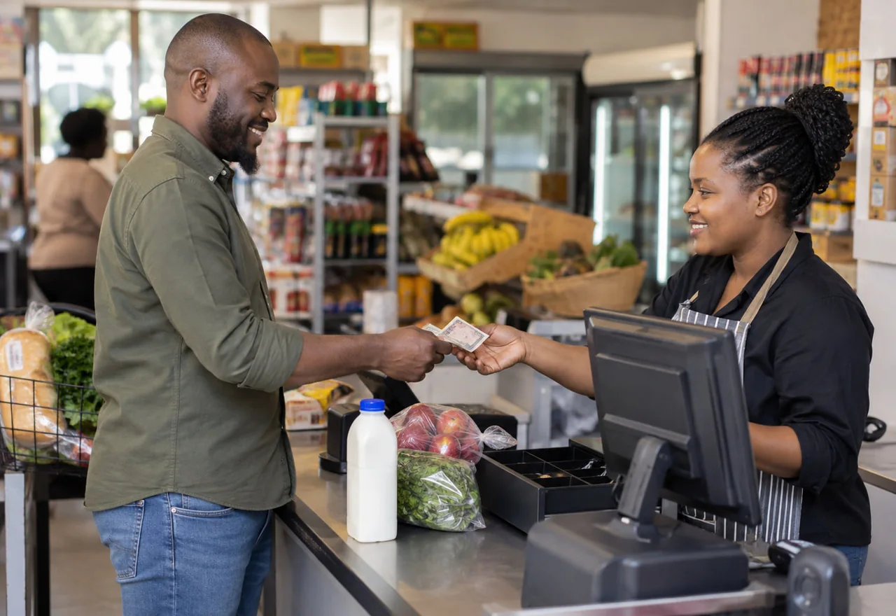 A customer paying cash at a retail store till point