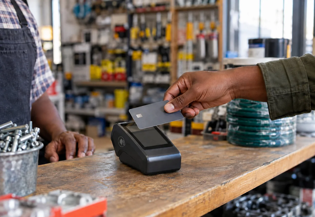 A card payment terminal being used at a shop counter