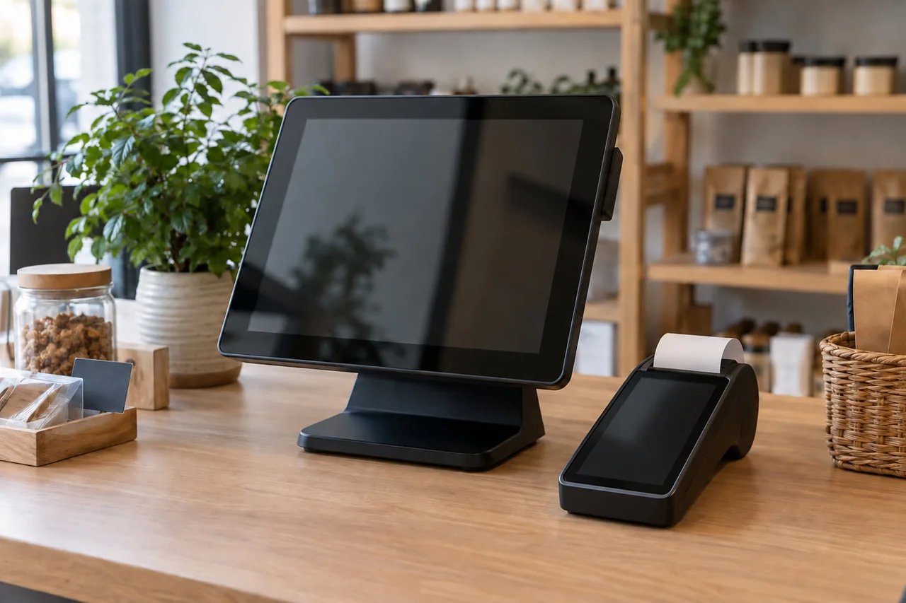 A point-of-sale terminal and card reader on a merchant counter