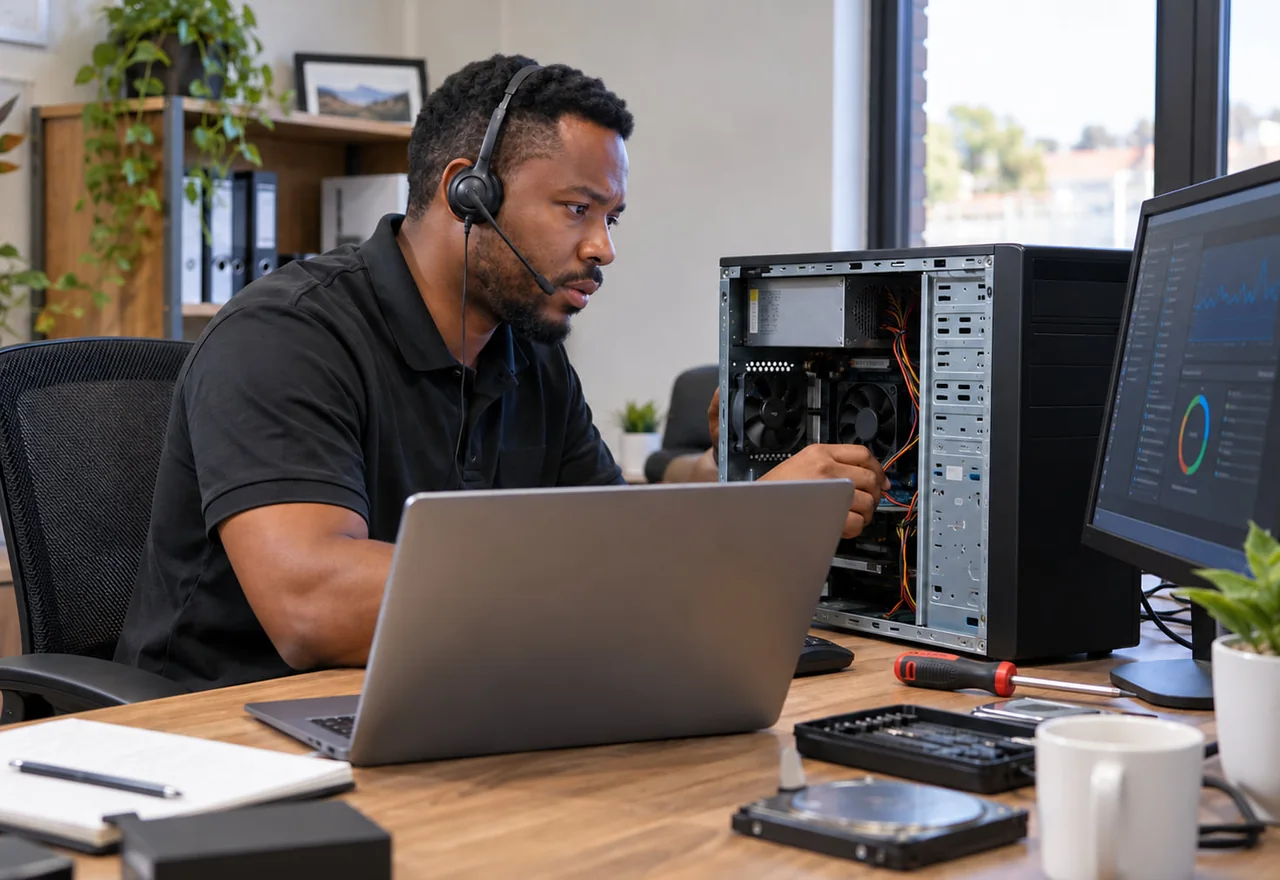 A support technician running diagnostics while on a call
