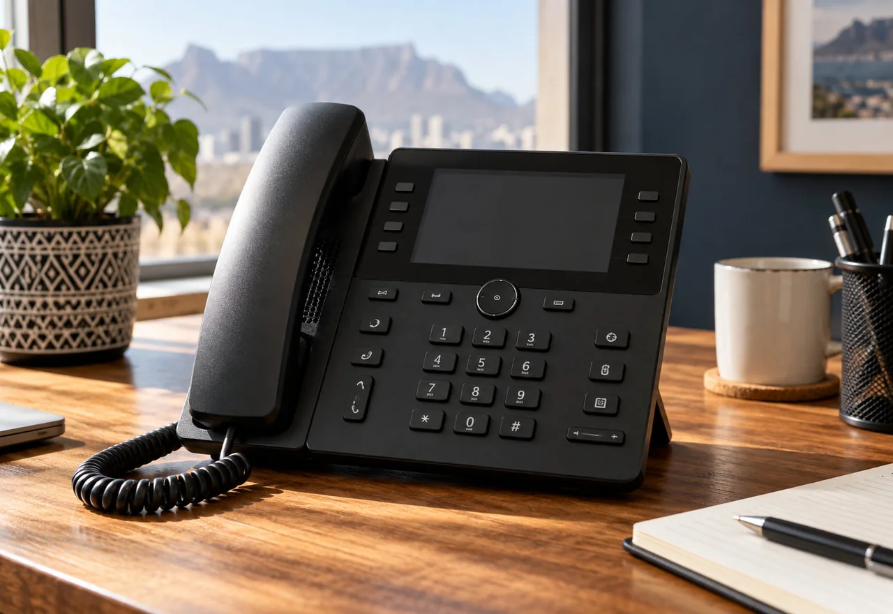 A business desk telephone on an office desk