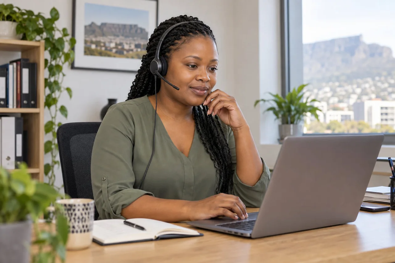 A person taking a call on a headset in a business office